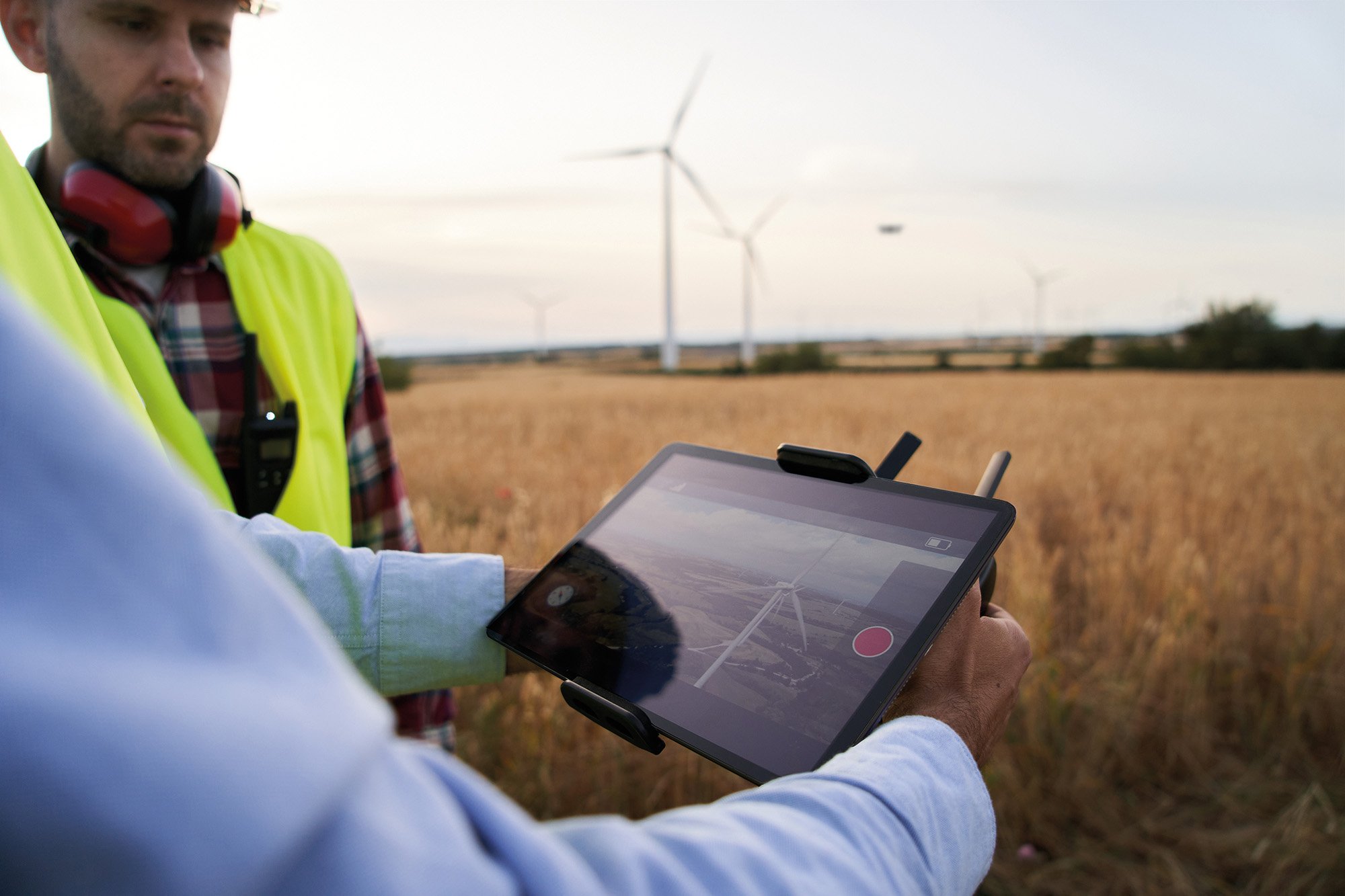 Drone-over-windfarm